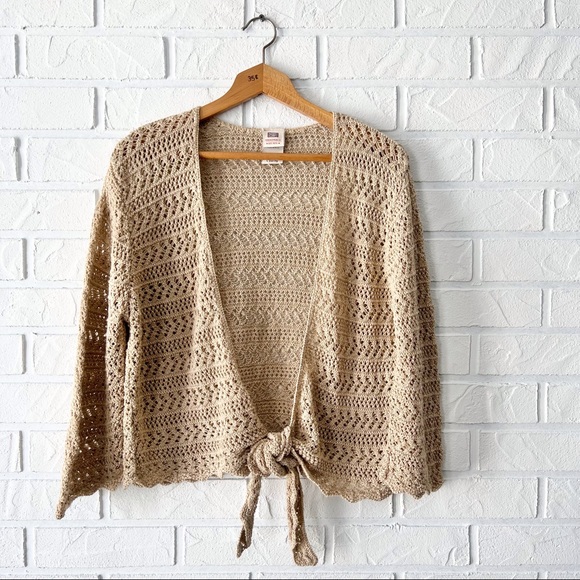 SOLD Vintage beige metallic gold crochet tie front bell sleeve sweater 12 - Picture 3 of 12